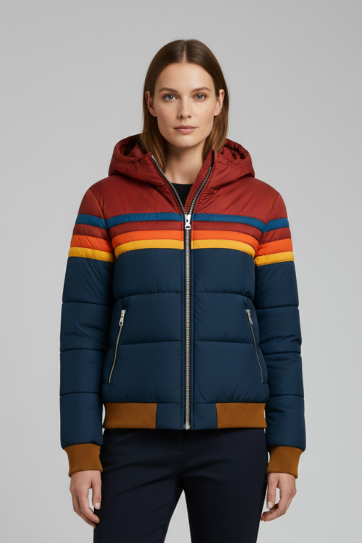 Maristella | Women's Hooded Puffer Jacket | Striped Front Zip