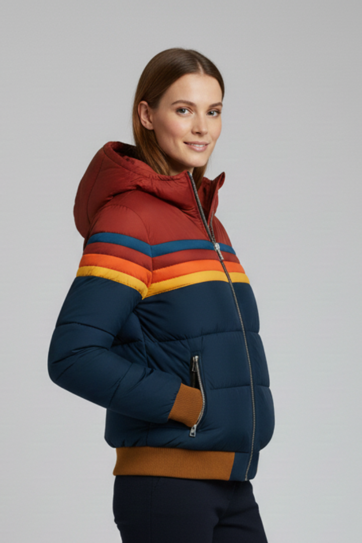 Maristella | Women's Hooded Puffer Jacket | Striped Front Zip
