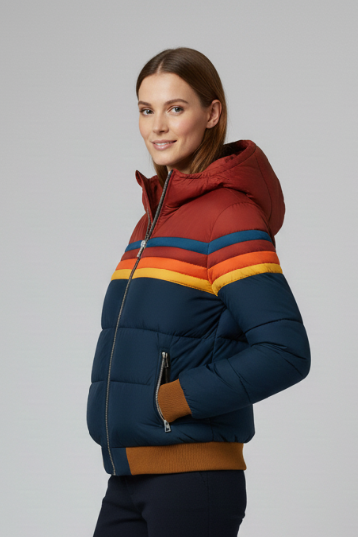 Maristella | Women's Hooded Puffer Jacket | Striped Front Zip