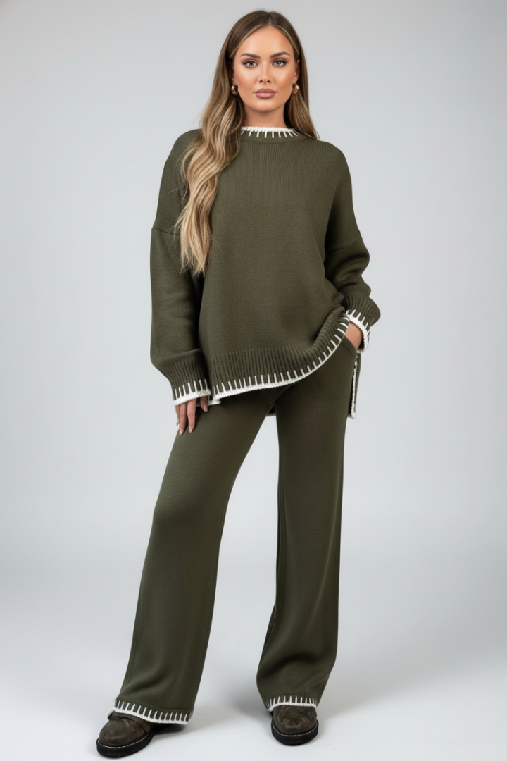 Demi | Women's Knit Lounge Set | Relaxed Top Wide-Leg Trousers