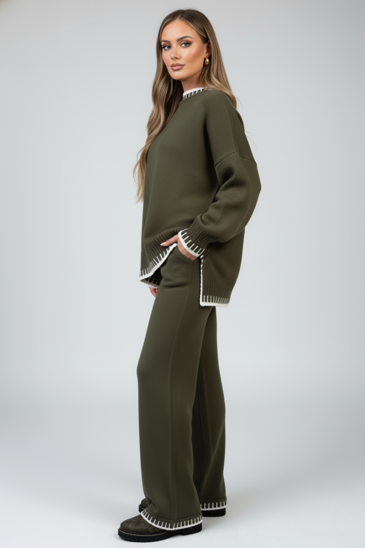 Demi | Women's Knit Lounge Set | Relaxed Top Wide-Leg Trousers