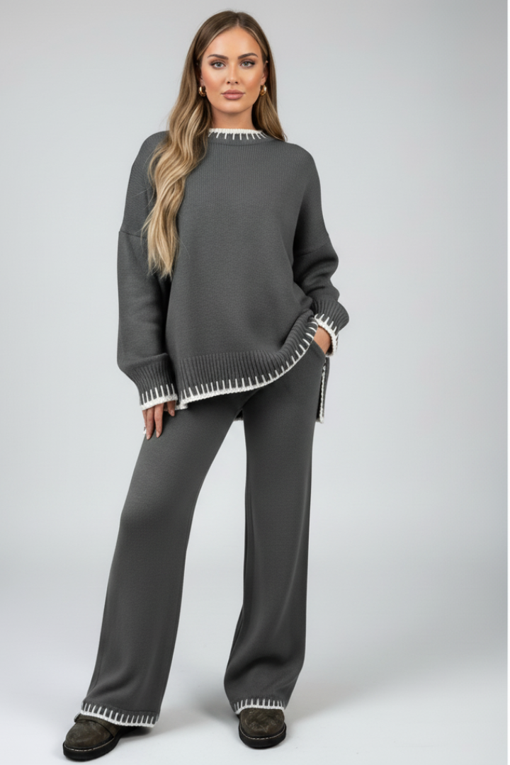 Demi | Women's Knit Lounge Set | Relaxed Top Wide-Leg Trousers