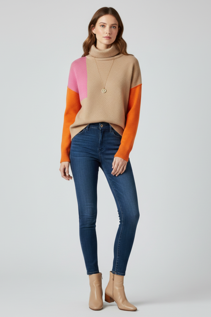 Kerensa | Women's Sweater | High Collar Ribbed Cuffs Knit