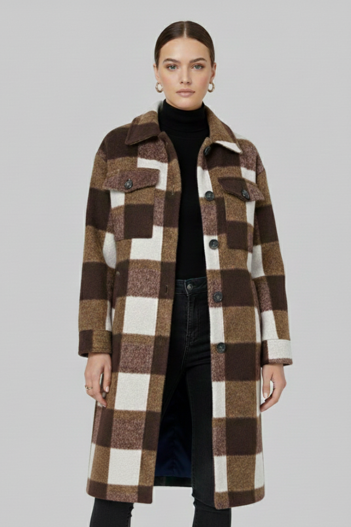 Ethelgifu | Women's Long Coat | Checked Woven Surface