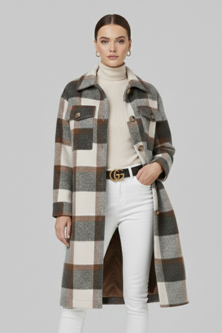 Ethelgifu | Women's Long Coat | Checked Woven Surface
