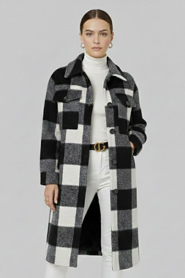 Ethelgifu | Women's Long Coat | Checked Woven Surface