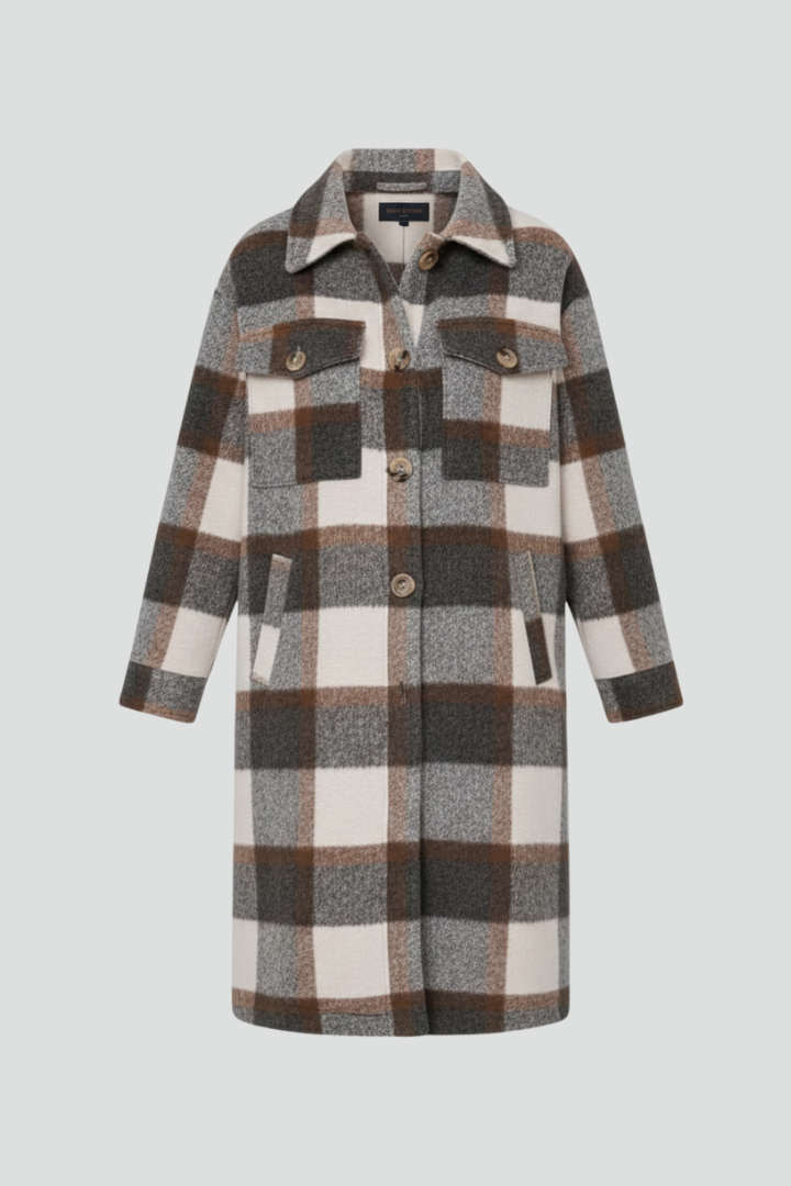 Ethelgifu | Women's Long Coat | Checked Woven Surface