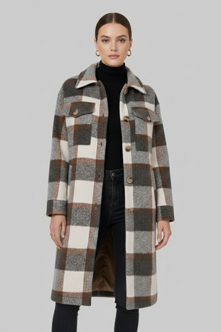 Ethelgifu | Women's Long Coat | Checked Woven Surface