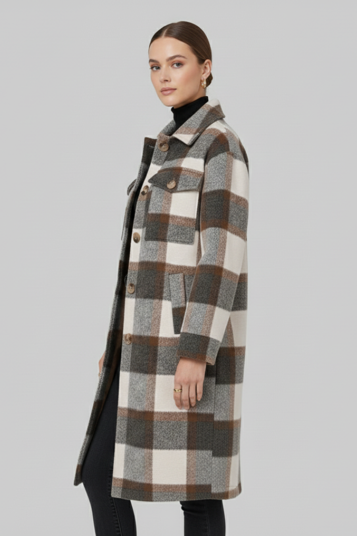 Ethelgifu | Women's Long Coat | Checked Woven Surface