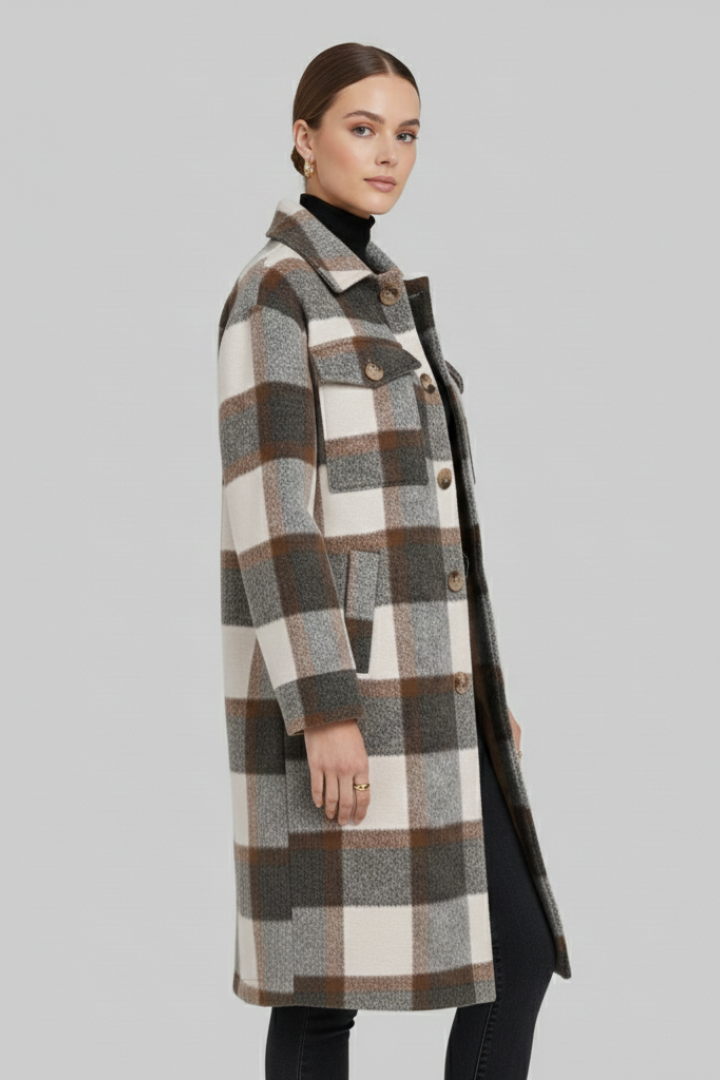 Ethelgifu | Women's Long Coat | Checked Woven Surface