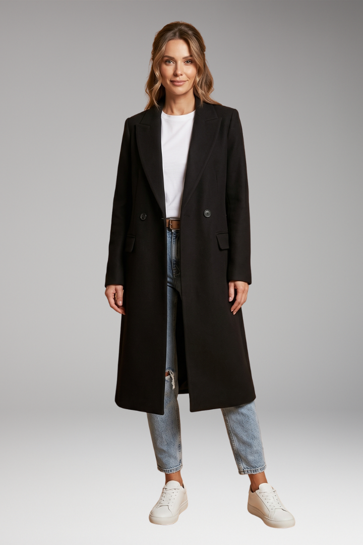 Elena | Women's Long Coat | Notched Lapel Button Front