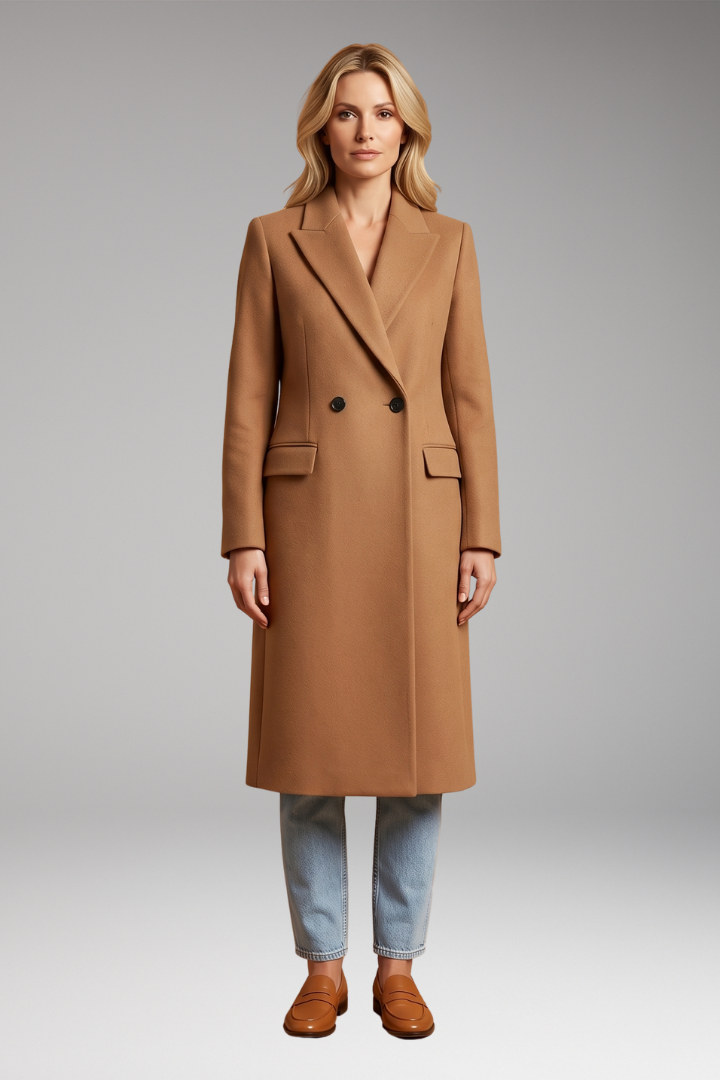 Elena | Women's Long Coat | Notched Lapel Button Front