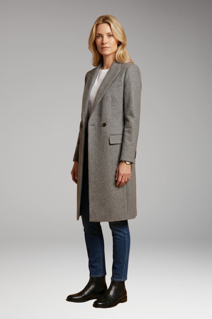 Elena | Women's Long Coat | Notched Lapel Button Front