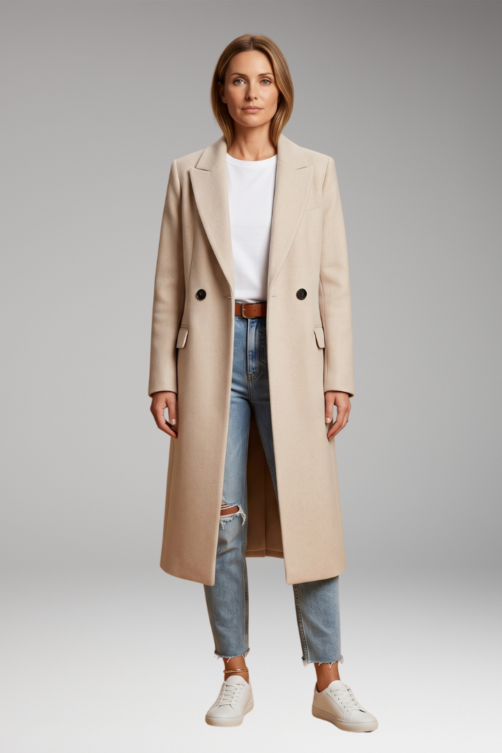 Elena | Women's Long Coat | Notched Lapel Button Front
