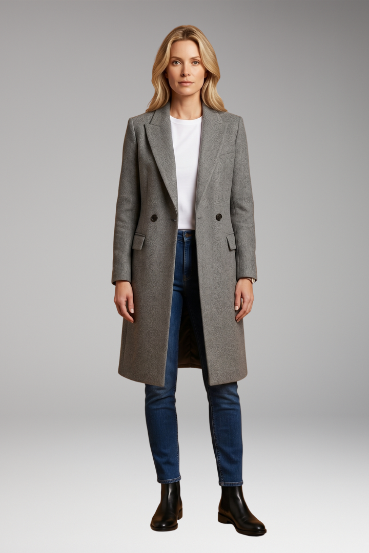 Elena | Women's Long Coat | Notched Lapel Button Front