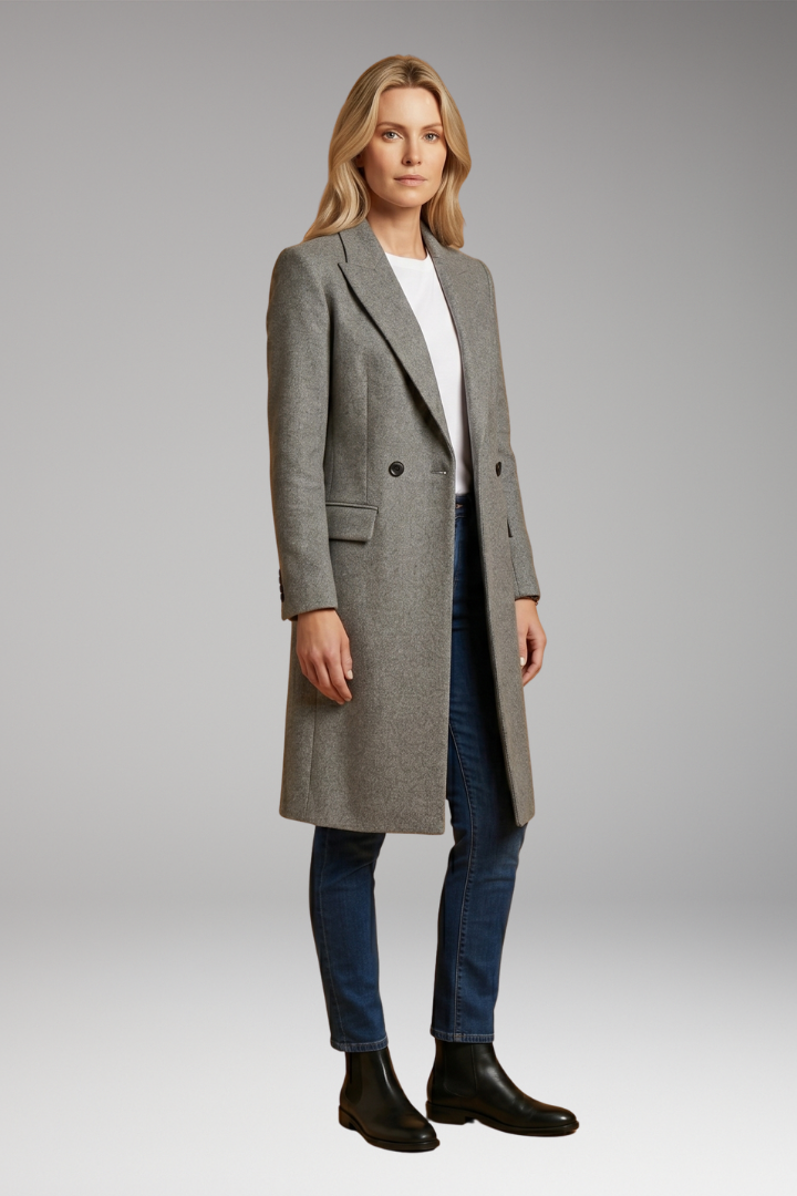 Elena | Women's Long Coat | Notched Lapel Button Front