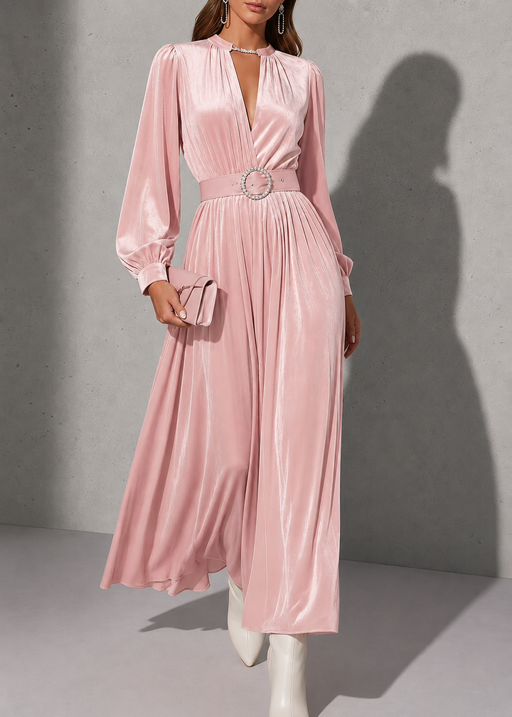 Solbritt | Women's Long Sleeve Formal Maxi Dress | Keyhole Neck Belt
