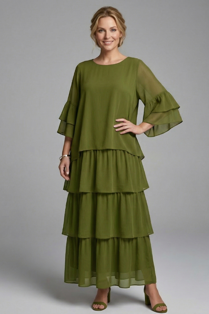 Godleva | Women's Maxi Dress | Round Neck Layered Skirt