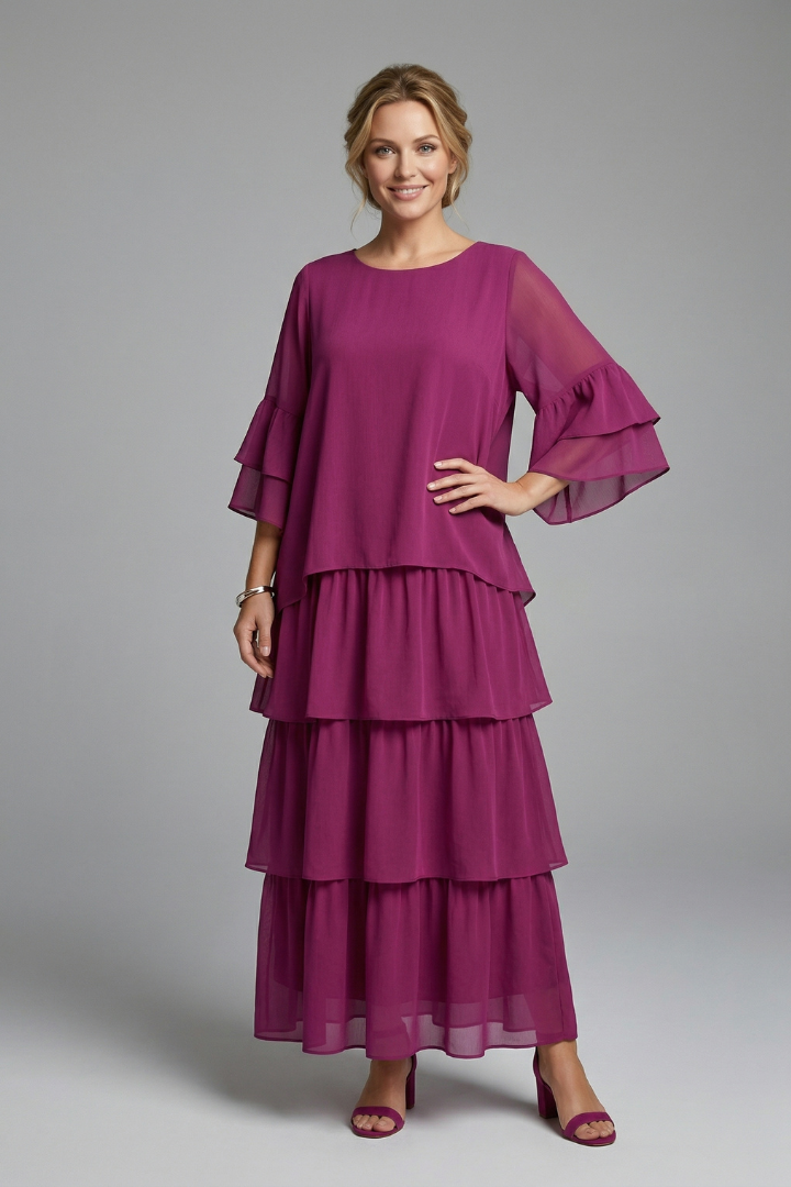 Godleva | Women's Maxi Dress | Round Neck Layered Skirt