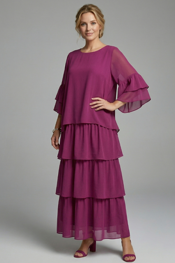 Godleva | Women's Maxi Dress | Round Neck Layered Skirt