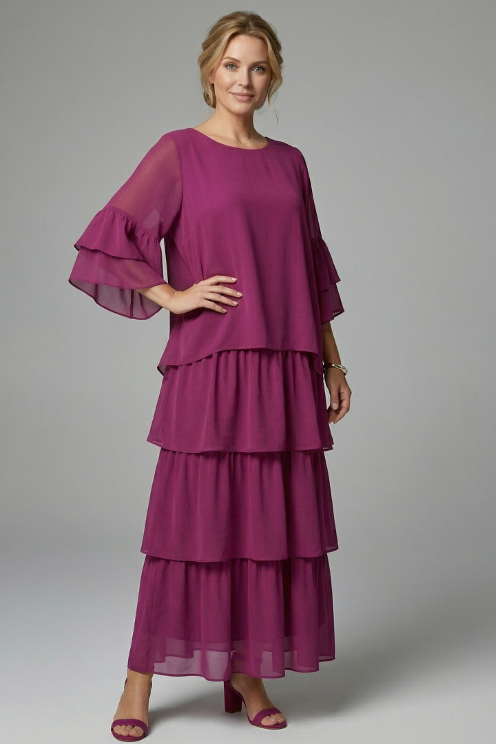 Godleva | Women's Maxi Dress | Round Neck Layered Skirt