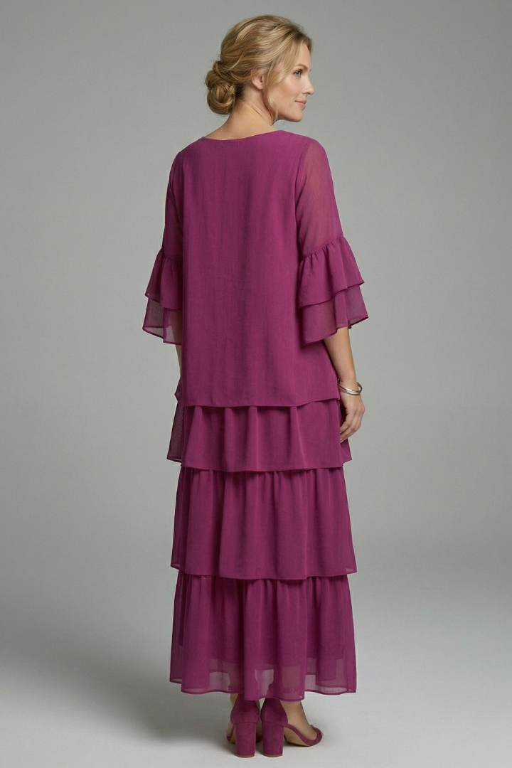 Godleva | Women's Maxi Dress | Round Neck Layered Skirt