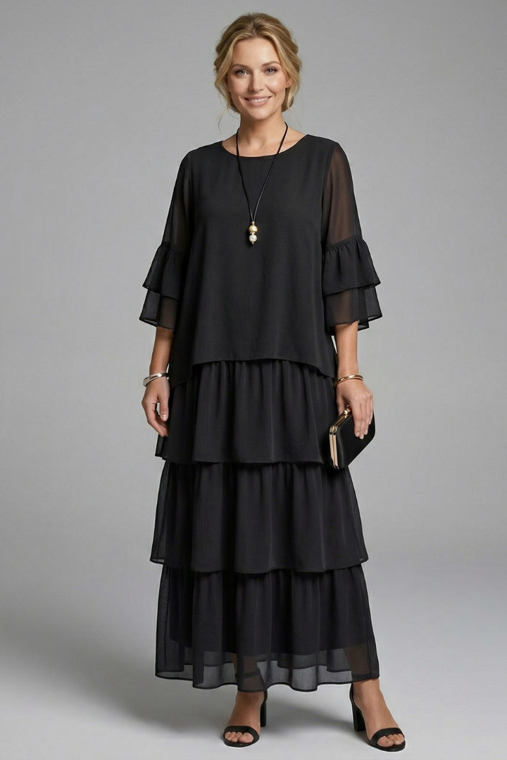 Godleva | Women's Maxi Dress | Round Neck Layered Skirt