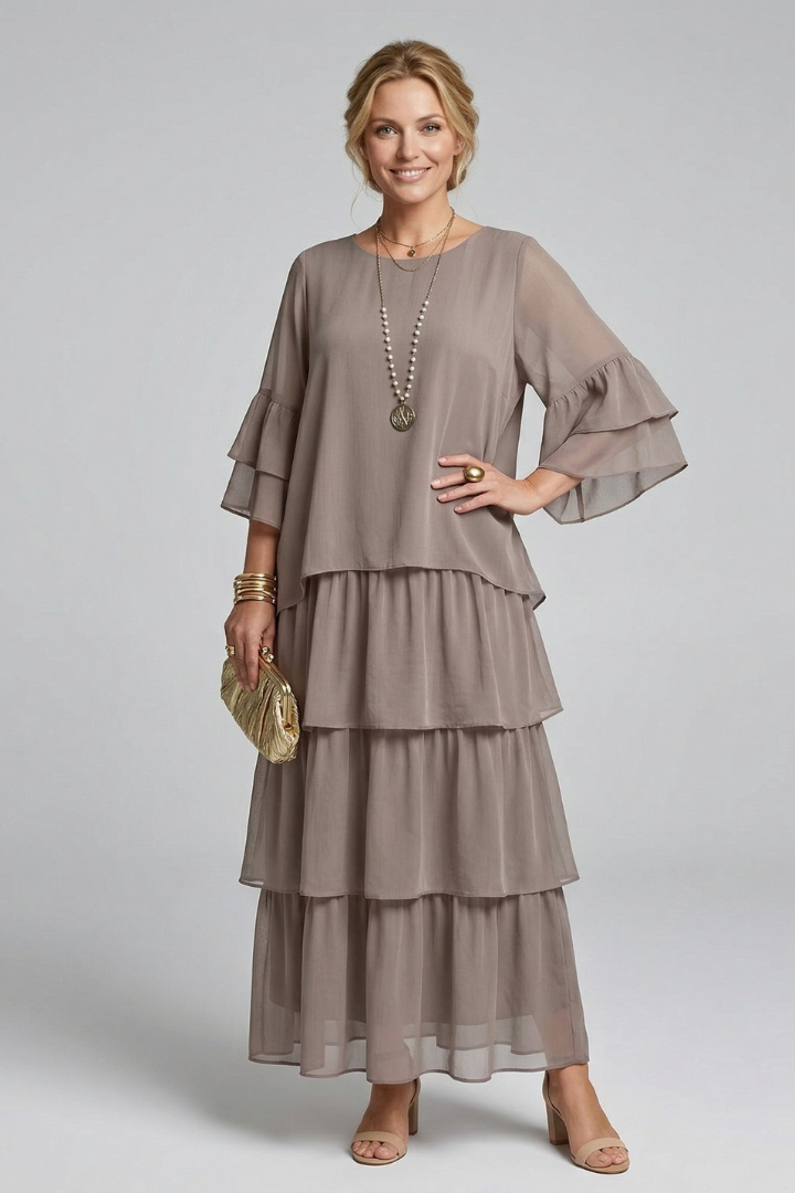 Godleva | Women's Maxi Dress | Round Neck Layered Skirt