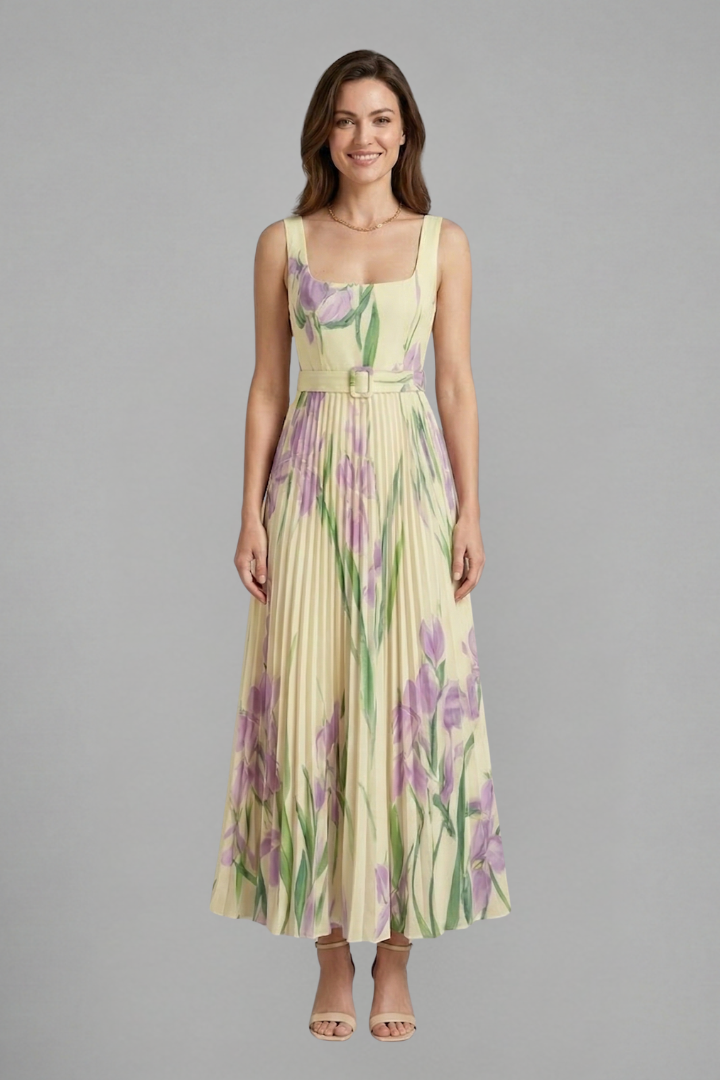 Caitriona | Women's Maxi Dress | Square Neck Pleated Skirt