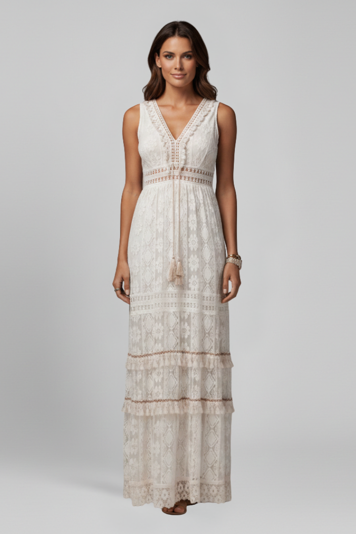 Eurydike | Women's Maxi Dress | V Neck Tiered Skirt