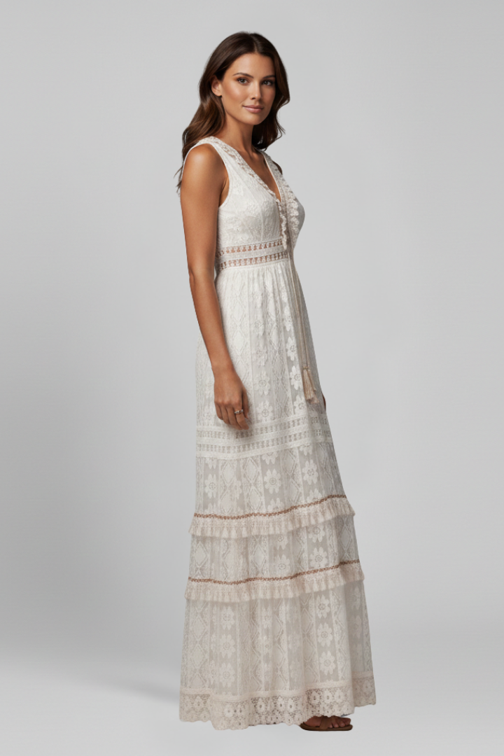 Eurydike | Women's Maxi Dress | V Neck Tiered Skirt