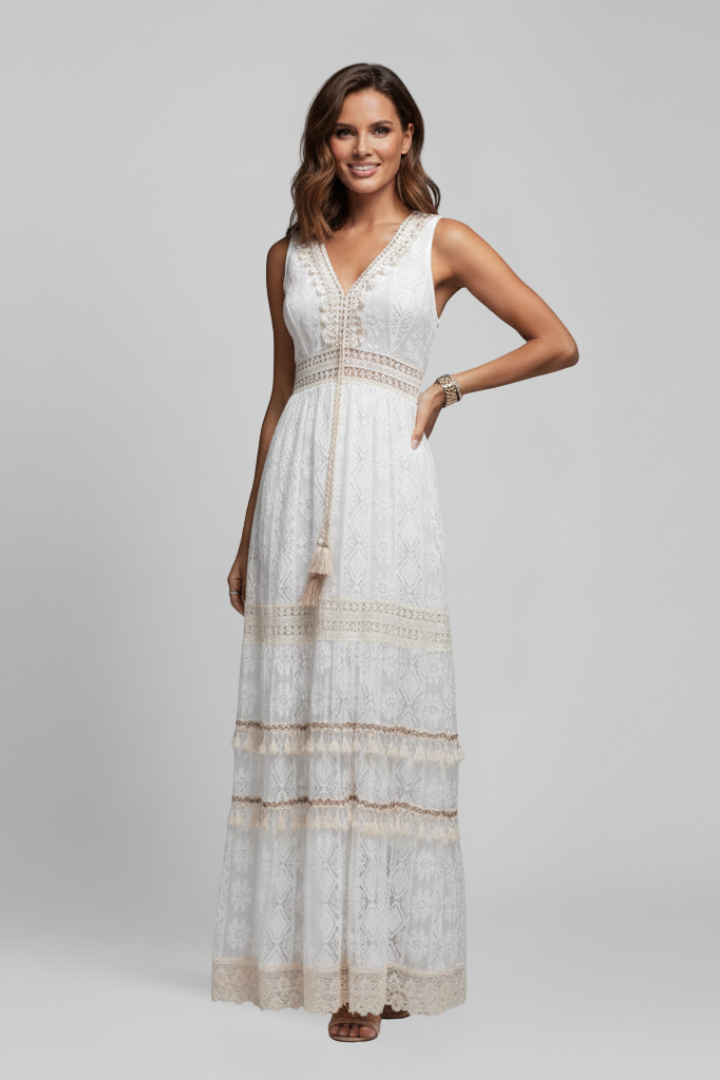 Eurydike | Women's Maxi Dress | V Neck Tiered Skirt