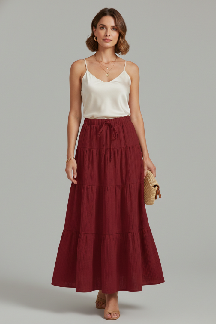 Pearl | Women's Maxi Skirt | Elastic Waist Tiered Panels