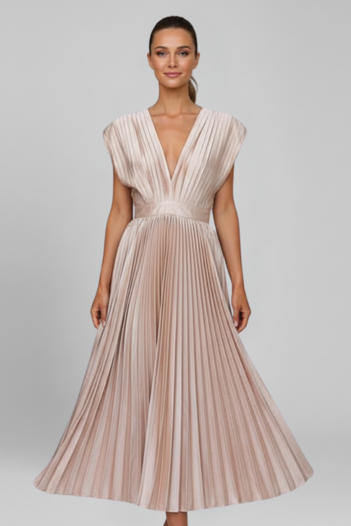 Amalburga | Women's Midi Dress | V Neckline Pleated Skirt
