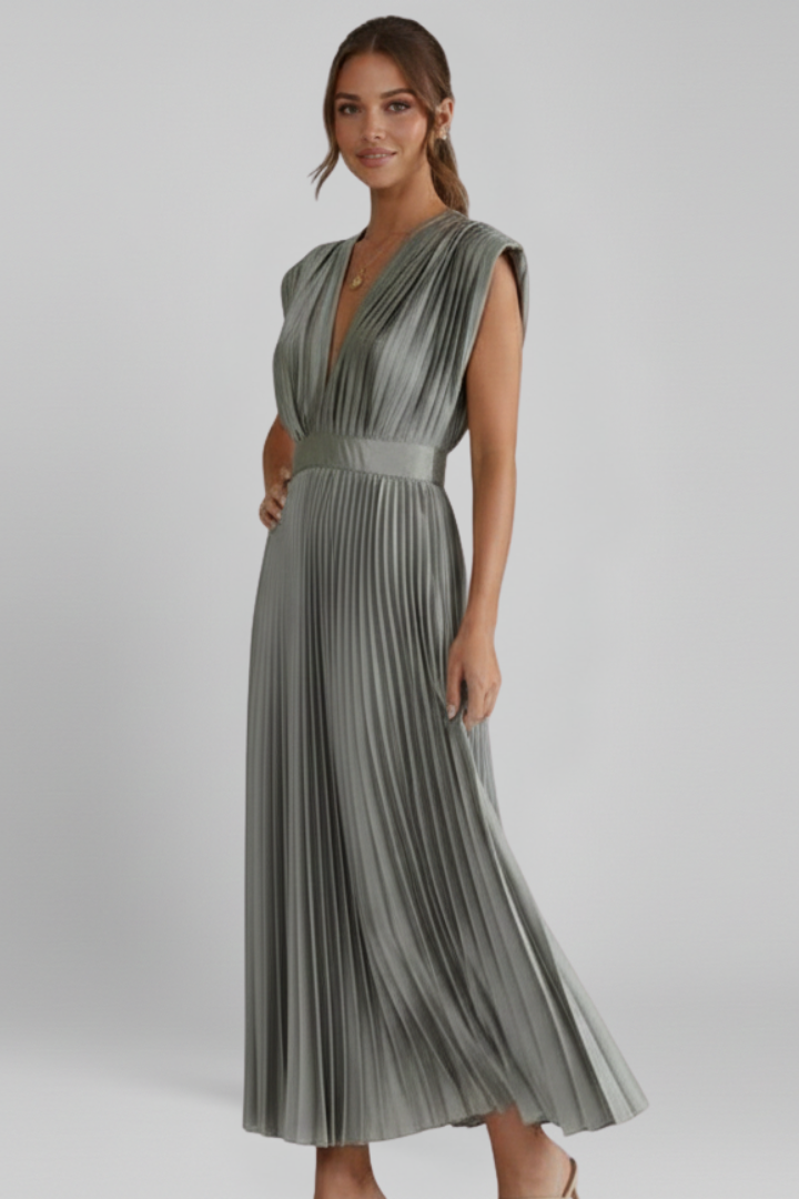 Amalburga | Women's Midi Dress | V Neckline Pleated Skirt