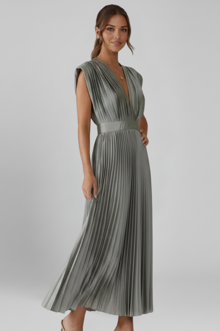 Amalburga | Women's Midi Dress | V Neckline Pleated Skirt
