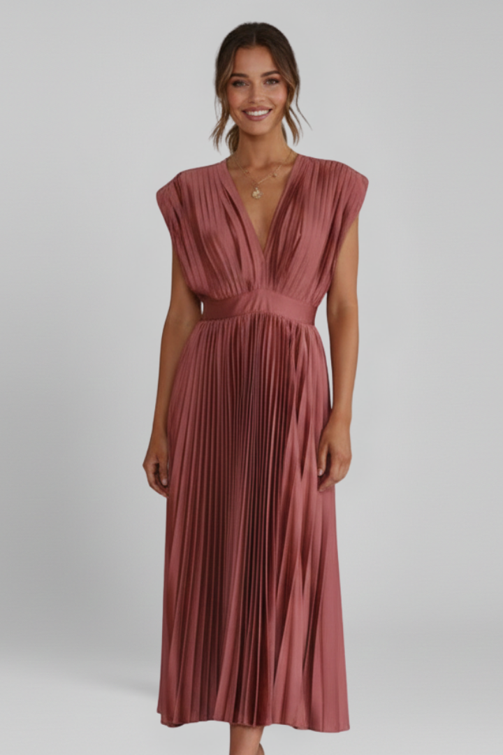 Amalburga | Women's Midi Dress | V Neckline Pleated Skirt