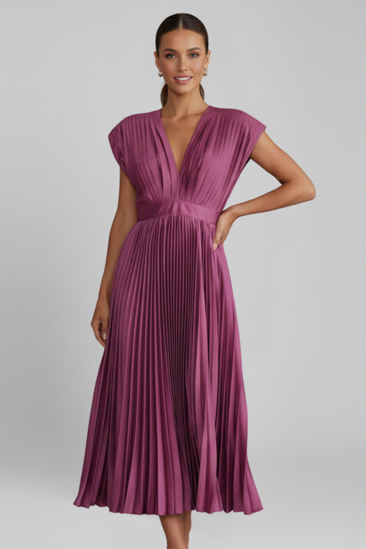 Amalburga | Women's Midi Dress | V Neckline Pleated Skirt