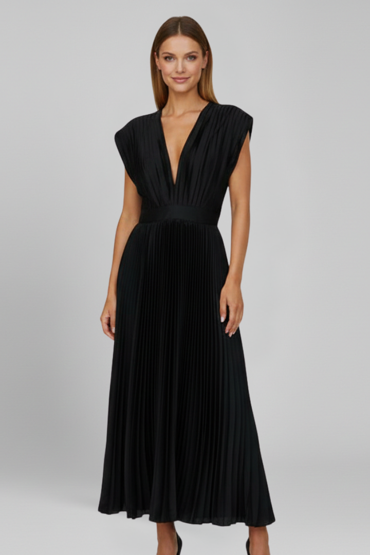 Amalburga | Women's Midi Dress | V Neckline Pleated Skirt