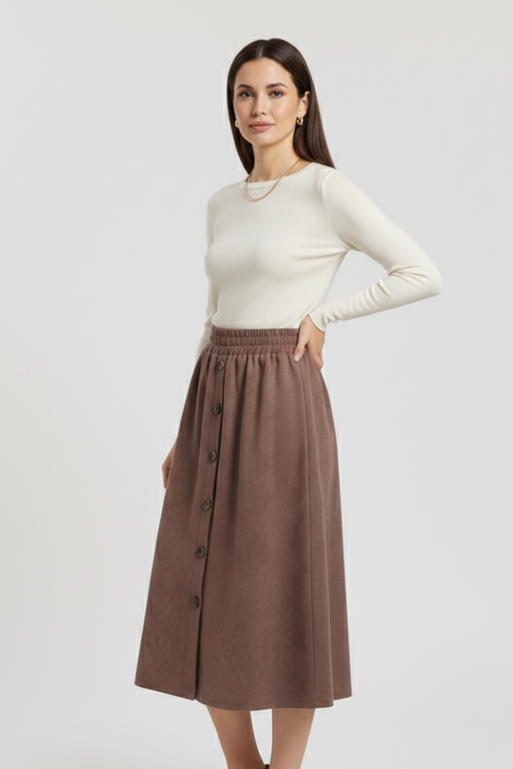 Yara | Women's Midi Skirt | Button Front Elastic Waist