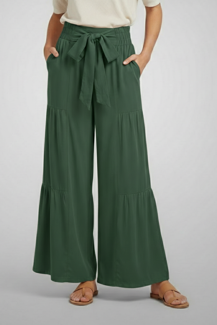 Xala | Women's Palazzo Trousers | Tie Belt Ruffle Panels