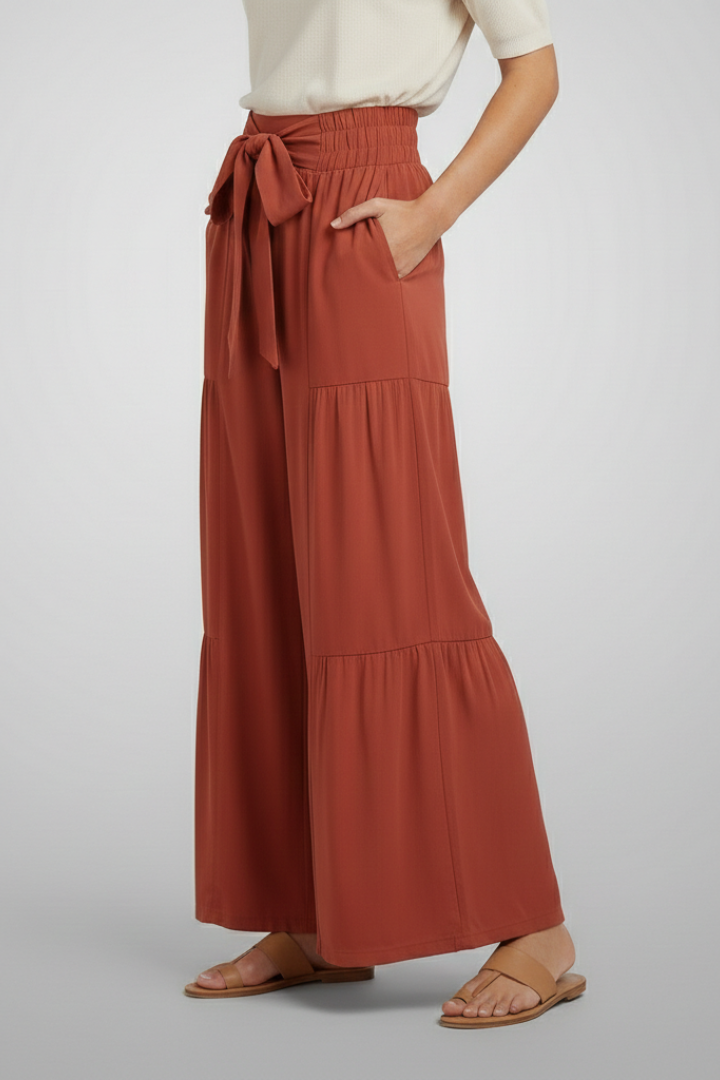 Xala | Women's Palazzo Trousers | Tie Belt Ruffle Panels