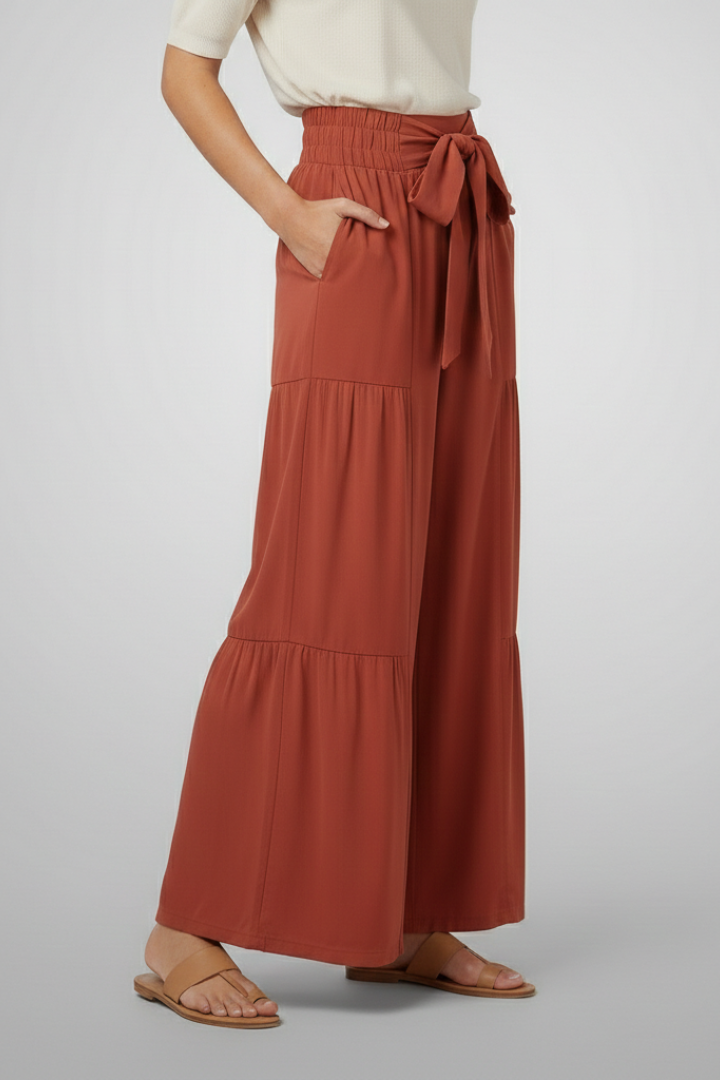 Xala | Women's Palazzo Trousers | Tie Belt Ruffle Panels