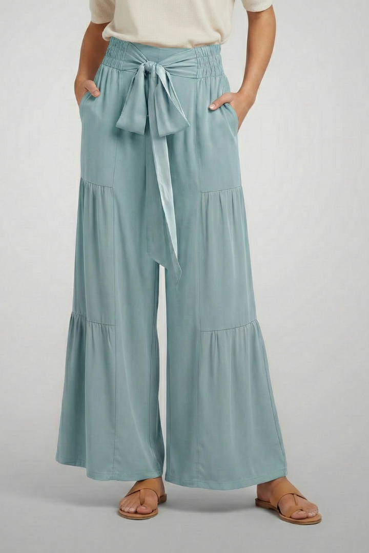 Xala | Women's Palazzo Trousers | Tie Belt Ruffle Panels