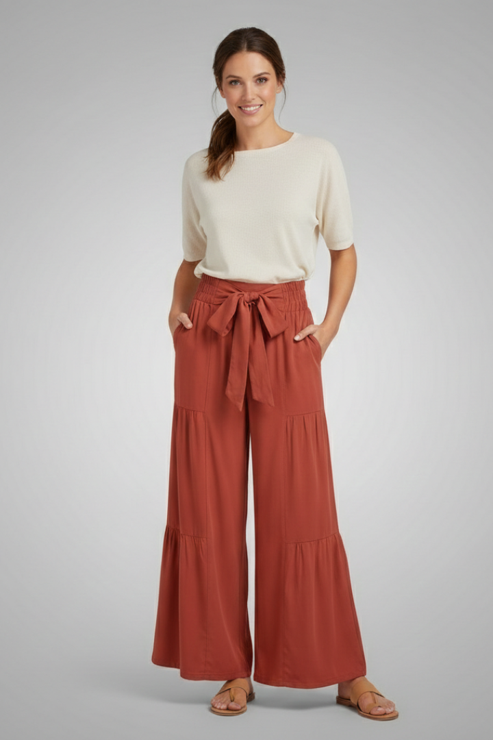 Xala | Women's Palazzo Trousers | Tie Belt Ruffle Panels