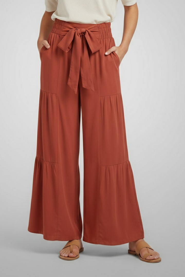 Xala | Women's Palazzo Trousers | Tie Belt Ruffle Panels