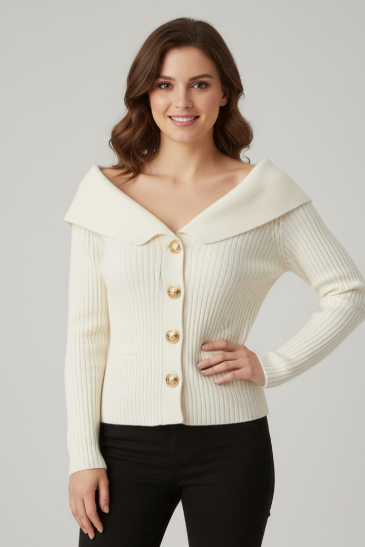 Fiora | Women's Cardigan | Ribbed Foldover Neckline Button-Front