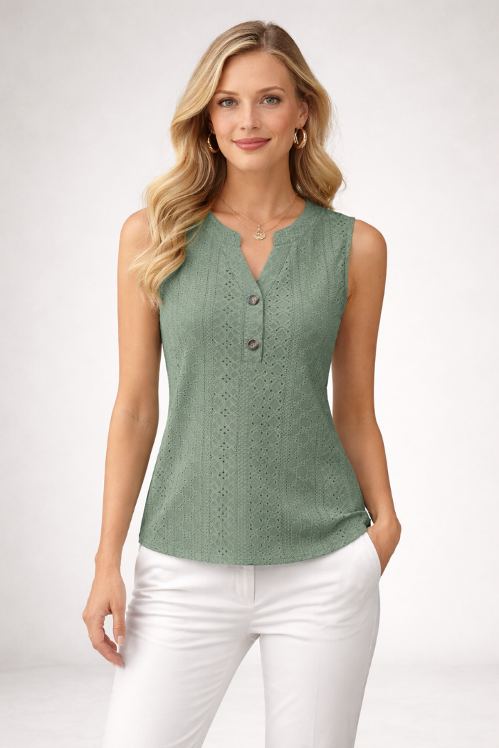 Morwenna | Women's Blouse | Sleeveless V-Neck Eyelet Pattern
