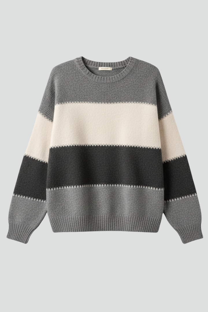 Thea | Women's Sweater | Striped Knit Round Neck Ribbed Trim