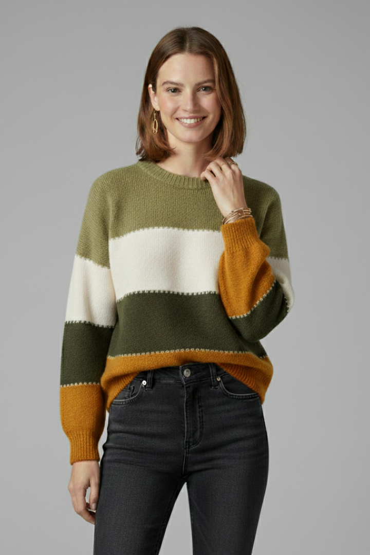 Thea | Women's Sweater | Striped Knit Round Neck Ribbed Trim
